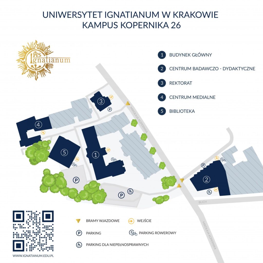 Na obrazku znajduje się mapa z oznaczonymi budynkami należącymi do kampusu Uniwersytetu Ignatianum w Krakowie.