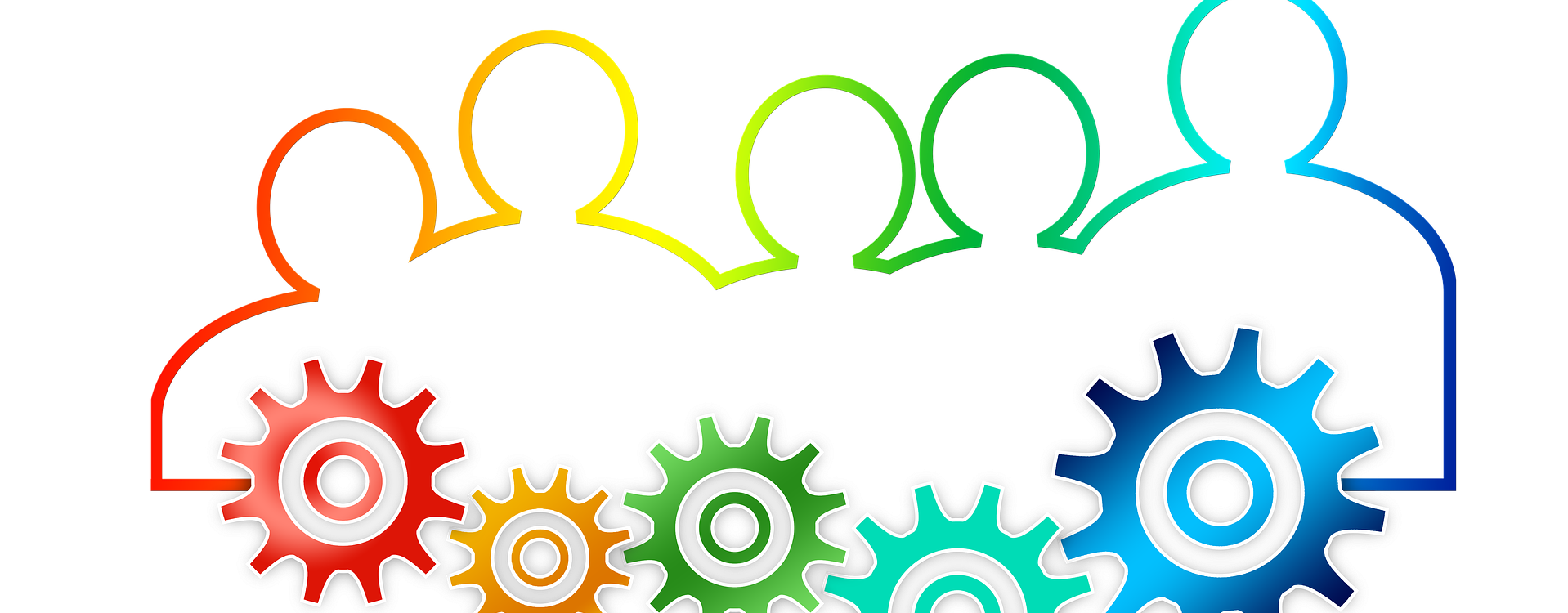 Grafika przedstawia kontur ludzkich sylwetek połączonych ze sobą kolami zębatymi