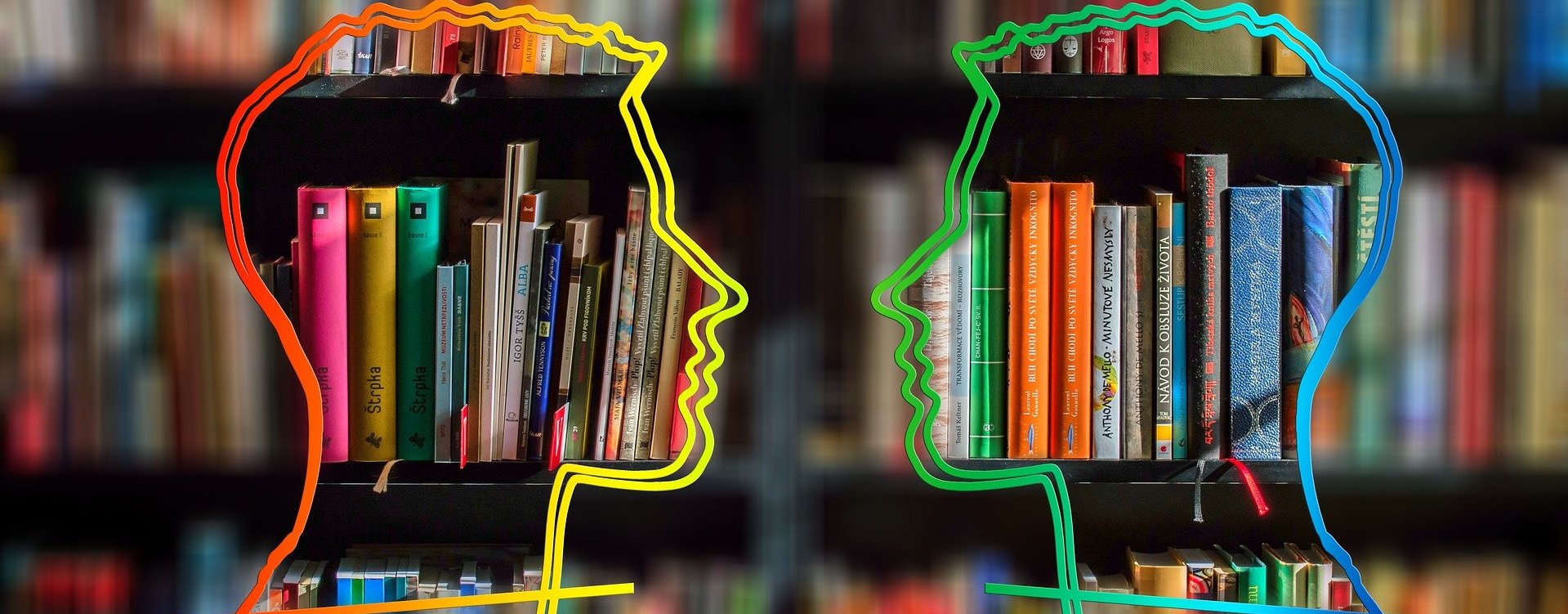 Zdjęcie dekoracyjne, przedstawia kontur dwóch twarzy na tle książek