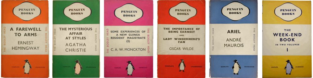 Zdjęcie przedstawia książki wydawnictwa Penguin w różnych kolorach które reprezentują gatunki i typy literatury